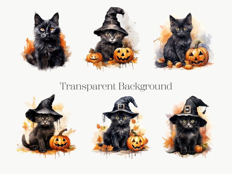 Halloween Cat Watercolor Clipart | Magic Black Cats (PNG Digital ...