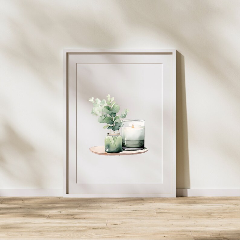 May include: A watercolour illustration of a green candle in a glass jar with a lit wick and a small vase with green leaves on a white background.