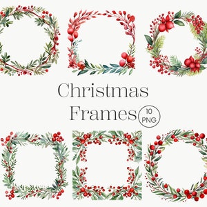 Marco de Navidad Clipart / 10 PNG / Marco de Navidad rojo PNG Corona de flores Marco de fotos Png Círculo de Navidad Corona de Pascua Navidad roja y verde