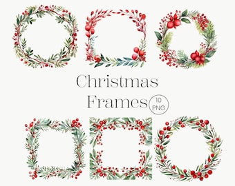 Christmas Frame Clipart | 10 PNG | Red Christmas Frame PNG Flower Wreath Photo Frame Png Christmas circle Poinsettia wreath Red & Green Xmas