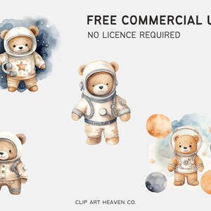 May include: Four watercolor illustrations of brown teddy bears dressed as astronauts in space. The bears are wearing white spacesuits with gold accents. The background features blue and white watercolor clouds, stars, and planets.