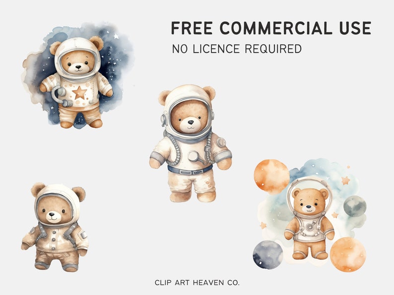 May include: Four watercolor illustrations of brown teddy bears dressed as astronauts in space. The bears are wearing white spacesuits with gold accents. The background features blue and white watercolor clouds, stars, and planets.