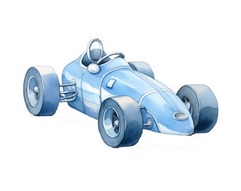 Retro raceauto aquarel clipart: kinderkamer decor (digitale jpg download)