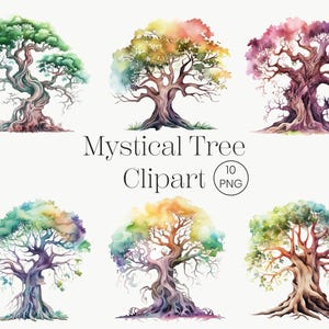 Mystical Tree Clipart | 10 PNG Colorful Tree, Vibrant Watercolor Mystical Old Tree Clip Art, Printable Family tree Rainbow colors