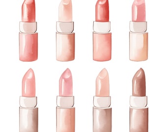 May include: Eight watercolor illustrations of lipstick tubes in various shades of pink, red, and brown. The lipsticks are all closed and have a silver cap.