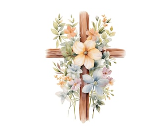 Flower Cross Watercolor, Lily Cross Watercolor, Pastel Clipart Cross JPG clipart, floral cross clipart image files, Farmers house, Easter