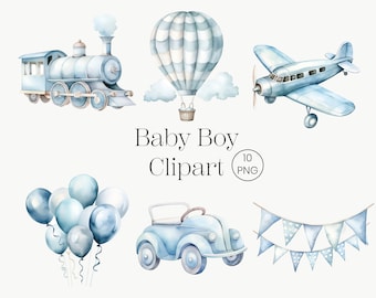 Vintage Travel Boy Wall Art 10 PNG Baby Boy Watercolor Clipart Printable Transportation Boho Nursery Decor, Blue Hot Air Balloon Plane Train