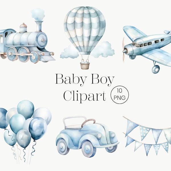Viaggio vintage ragazzo parete arte 10 PNG Baby Boy acquerello Clipart stampabile trasporto Boho Nursery Decor, blu mongolfiera aereo treno