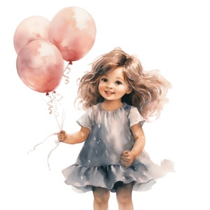 Mignon petite fille ballons Clipart Bundle 10 JPG jeune fille Clipart, anniversaire Ballons Sublimation papier artisanat Junk Journal Scrapbooking