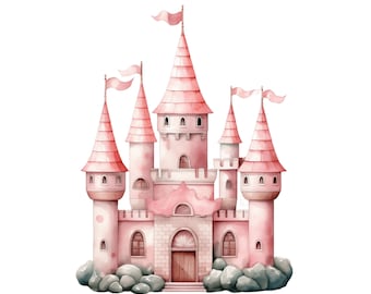 Pink Fairytale Castle Clipart | 10 JPG | Magic Kingdom Watercolor Princess Girl Fairy Tale Clipart Baby Shower Clipart Nursery Princess