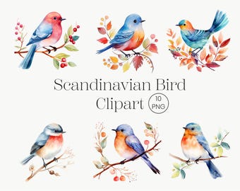 Scandinavian Watercolor Bird Clipart: Floral PNG Set (Digital Download)