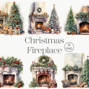 Puede incluir: Diez ilustraciones de acuarela de chimeneas navideñas con coronas, guirnaldas, calcetines y fuegos ardientes. Algunas chimeneas tienen árboles de Navidad y regalos.