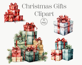 Christmas Gifts Watercolor | 10 High Quality Transparent PNG | Christmas Clipart Gift Boxes Christmas Present Holiday Digital Commercial Use