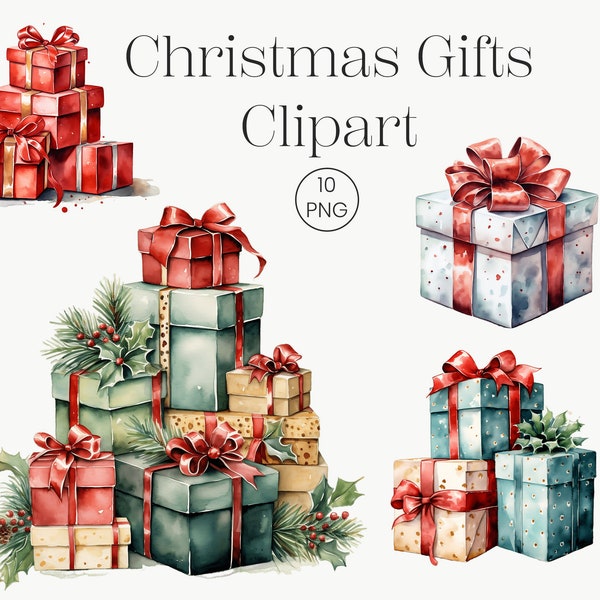 Christmas Gifts Watercolor | 10 High Quality Transparent PNG | Christmas Clipart Gift Boxes Christmas Present Holiday Digital Commercial Use
