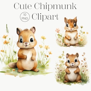 Cute Chipmunk Watercolor Clipart, Floral Woodland Animal, Cute Clipart, Instant Download, Commercial Use, Baby Showers, Nursery Clipart