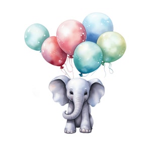 Baby Elephant Balloons Clipart | 10 JPG | Watercolor Birthday Clipart ...