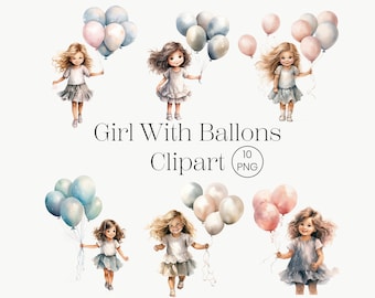 Nettes kleines Mädchen Ballons Clipart 10 PNG Clipart Bundle Junges Mädchen, Geburtstag Ballons Sublimation Papierfertigkeit Junk Journal Scrapbooking