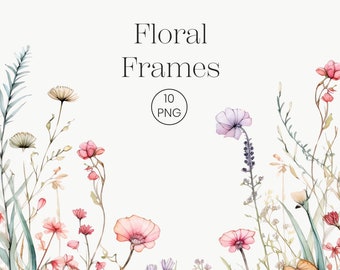 May include: A watercolor illustration of a floral frame with pink, purple, and yellow flowers. The frame is made up of delicate stems and leaves. The text "Floral Frames 10 PNG" is written in the center of the image.