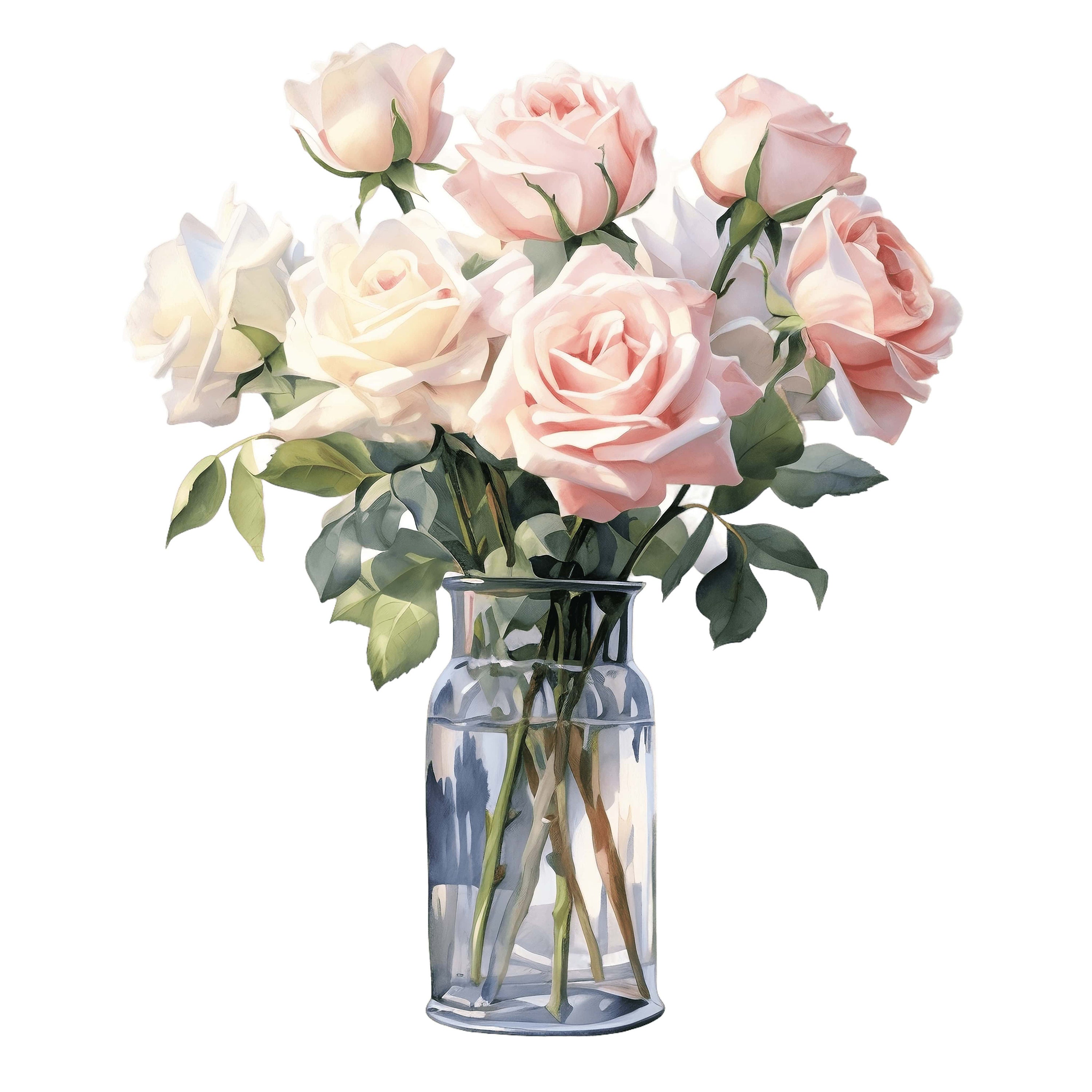 Pink Roses Watercolor Clipart | Floral Bouquet in Glass Vase (digital ...