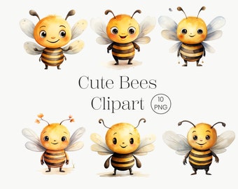 Puede incluir: Un conjunto de 10 imágenes de clipart digital que presentan lindas abejas de dibujos animados con rayas amarillas y negras, ojos grandes y caras sonrientes. Las abejas están en varias poses, incluyendo volar, estar de pie y sostener flores. El clipart es perfecto para agregar un toque de fantasía a tus proyectos.