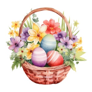 Acquerello Pasqua Clipart 10 JPG Floral Egg Baskets JPG Spring Clipart, Clipart di Pasqua, Download istantaneo per uso commerciale