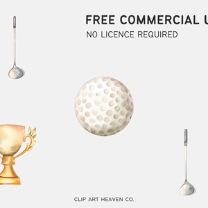 Puede incluir: Ilustraci&oacute;n en acuarela de equipo de golf, que incluye una pelota de golf, dos palos de golf y un trofeo dorado. La imagen incluye el texto "FREE COMMERCIAL USE NO LICENCE REQUIRED".