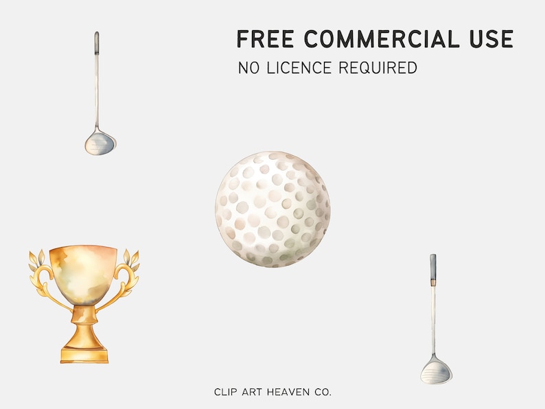 Puede incluir: Ilustraci&oacute;n en acuarela de equipo de golf, que incluye una pelota de golf, dos palos de golf y un trofeo dorado. La imagen incluye el texto "FREE COMMERCIAL USE NO LICENCE REQUIRED".