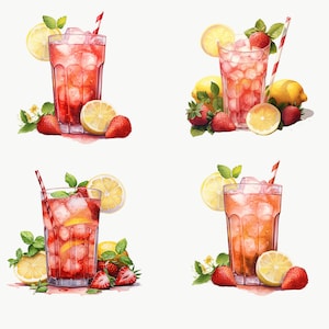 May include: Four glasses of iced tea with lemon and strawberry garnishes. The glasses are filled with red iced tea and ice cubes. The drinks are garnished with lemon slices, strawberry slices, and mint leaves.