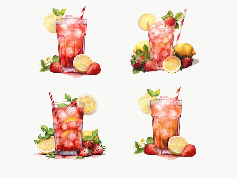 May include: Four glasses of iced tea with lemon and strawberry garnishes. The glasses are filled with red iced tea and ice cubes. The drinks are garnished with lemon slices, strawberry slices, and mint leaves.