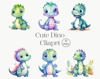 Cartoon Dinosaur Clipart, 10 PNG Baby Dinosaur, Cute Dino, High Quality PNG Digital download Printable Watercolor Clipart, Paper craft