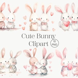 Bunny Love Clipart Bundle 10 PNG Acquerello Pastello Coniglio Clipart Stampabile Clipart, Download digitale, Paper Craft, Boho Nursery Graphic