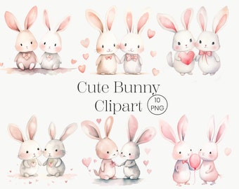 Bunny Love Clipart Bundle 10 PNG Watercolor Pastel Rabbit Clipart Printable Clipart, Digital download, Paper Craft, Boho Nursery Graphic