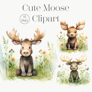 Mignon Moose Clipart, 10 PNG de haute qualité, Woodland Animal Deer, Baby Showers Decor, Nursery Art, Digital Download Aquarelle Moose