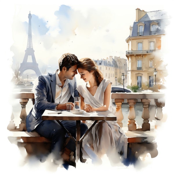 Cute Couple Paris Cafe Clipart, 10 JPG Watercolor Coffee shop clipart French Bakery Commercial Use, Junk journal, Cafe in Paris