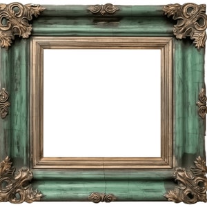 Puede incluir: Un marco de fotos de estilo vintage con un acabado verde y dorado desgastado. El marco tiene detalles ornamentados y un borde ancho.