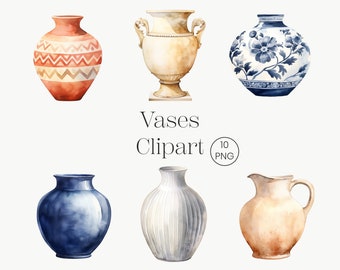 May include: A set of six watercolor painted vases in various styles and colors. The vases are all different shapes and sizes, and they are all decorated with different patterns. The vases are perfect for adding a touch of elegance to any home.