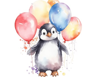 May include: A watercolor painting of a penguin holding colorful balloons. The penguin is standing on a white background with watercolor splatters.
