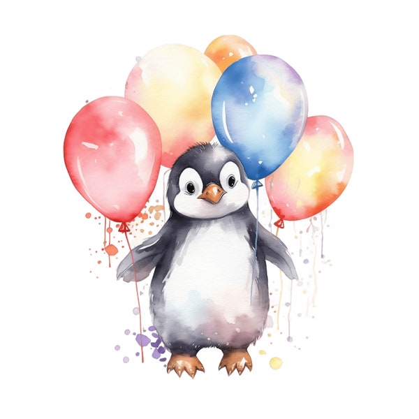 Penguin with Ballons Watercolor Clipart | 10 High Quality JPG | Penguin clipart, cute penguins, birthday animals clipart