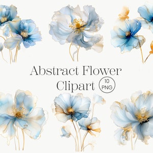 Abstracte bloemen clipart 10 PNG blauwe bloemen, afdrukbare goud en blauwe bruiloft aquarel clipart digitale download commerciële licentie