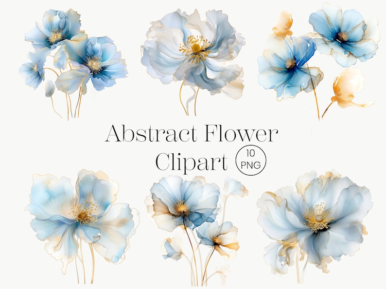 Fiori astratti Clipart 10 PNG fiori blu, stampabile oro e blu matrimonio acquerello Clipart Digital Download licenza commerciale immagine 1