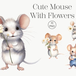 Leuke muis met bloemen 10 hoge kwaliteit PNG clipart | Aquarel transparante clipart voor prints, mokken, kaart, verjaardagswensen, Daisy Flower