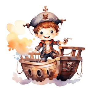 Cartoon Pirates Clipart 10 JPG Cute Pirate Boy Print, Pirate ship, Printable Watercolor clipart Digital download, Papercraft, Commercial Use
