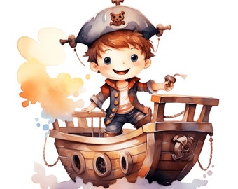 Cartoon Pirates Clipart 10 JPG Cute Pirate Boy Print, Pirate ship, Printable Watercolor clipart Digital download, Papercraft, Commercial Use