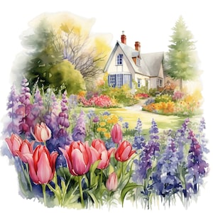 Acuarela Spring Gardens Clipart 10 JPG Ilustraciones de Spring Garden, imágenes prediseñadas de jardín pintado con flores Descarga instantánea uso comercial