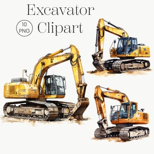 Aquarela de escavadeira | 10 PNG transparente de alta qualidade | Clipart de construção Máquinas pesadas amarelas veículo aquarela