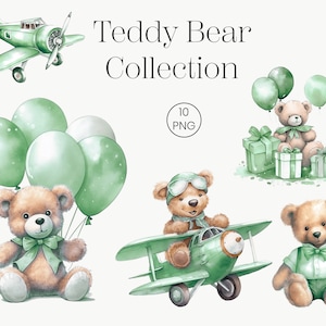 Colección de imágenes prediseñadas de osito de peluche de cumpleaños de acuarela para uso comercial / Sage Green Gift Decor Toy Ballons Plane / Baby Airplane Image