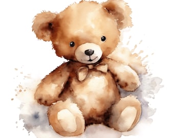 May include: A watercolor painting of a brown teddy bear with a bow tie. The bear is sitting on a white background with watercolor splatters.