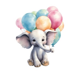 Baby Elephant Balloons Clipart | 10 JPG | Watercolor Birthday Clipart ...