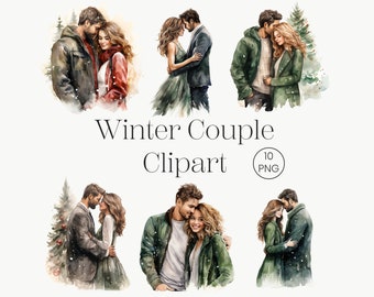 Winter Loving Couple Watercolor | 10 Transparent PNG | Christmas Couple Clipart Bundle Romantic Holiday Card Making Cute Lovers