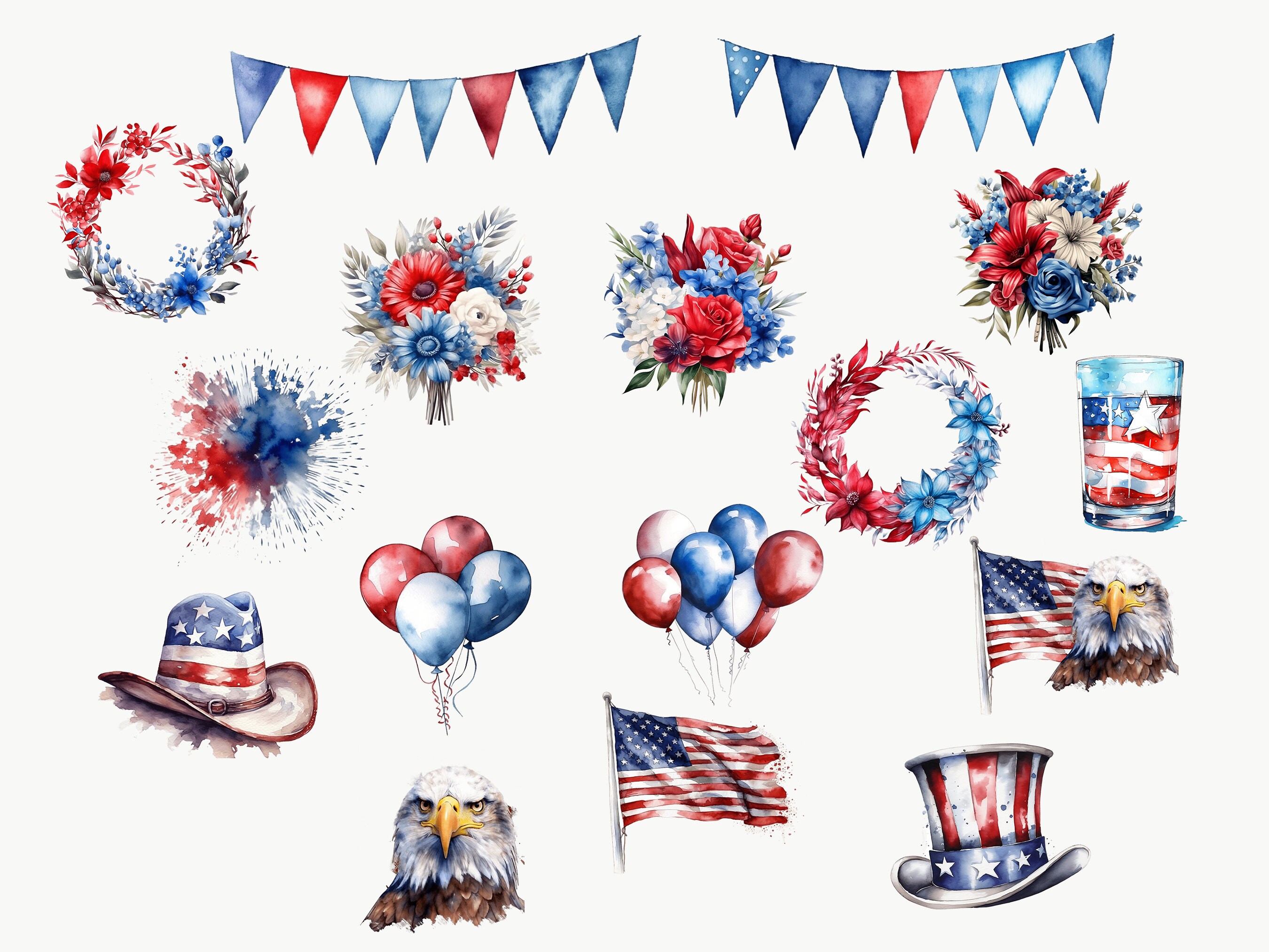 Watercolor 4th of July Clipart | USA Patriotic PNG Bundle (29 Files) - Etsy